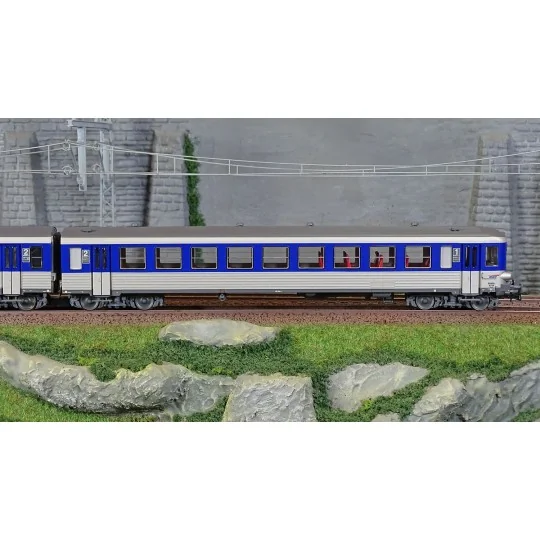 HJ2615-Jouef HJ2615 Autorail EAD XBD 4717 + remorque XRABx 8714, SNCF, livrée argent/bleue, logo Casquette