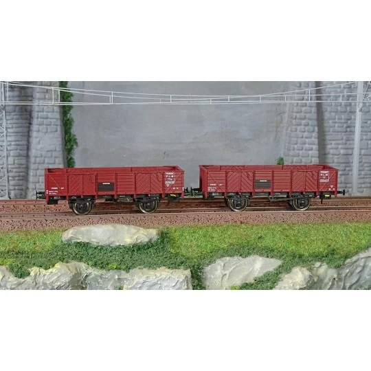 WB-814-Ree Modeles WB814 Set de 2 wagons Tombereau PLM, 4 portes, bois rouge sidéros