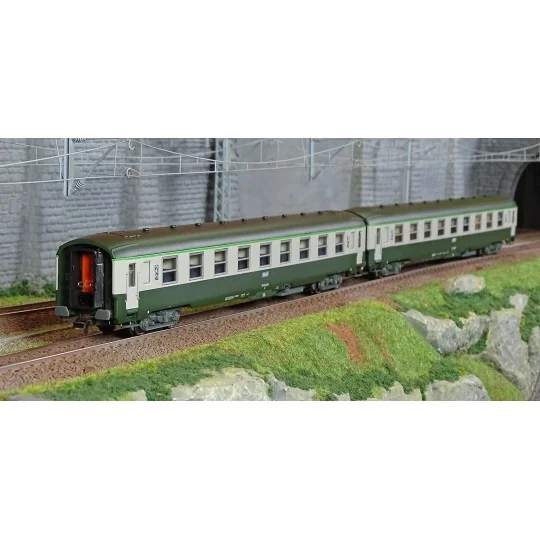 HJ4181-Jouef HJ4181 Set de 2 voitures voyageurs DEV AO, 2éme classe U59 B9 (ex A9), SNCF, verte/grise, logo encadré