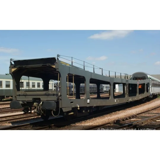 HJ4189-Jouef HJ4189 DD DEV 66 car transporter wagon, 2nd series, delivered in green with a white Carmillon logo, SNCF