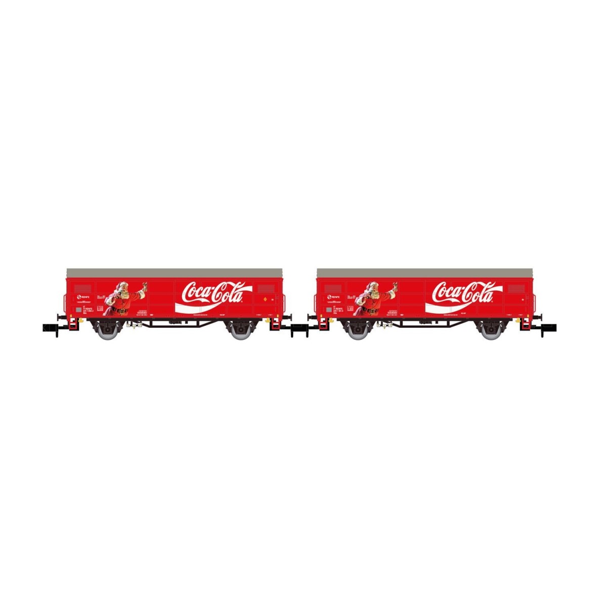 Arnold HN6645 Set of 2 covered wagons with axles JPD, RENFE, Coca-C...