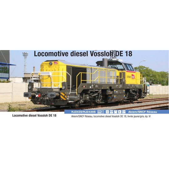 HJ2439S-Jouef HJ2439S Locomotive diesel Vossloh DE 18 BB 79000, SNCF réseau, Akiem, livrée jaune/gris, digitale sonore