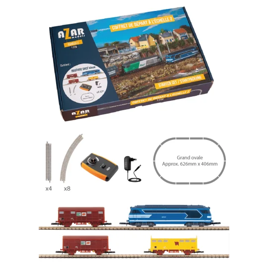 AZAR_AZP01-Azar AZP01 Freight Train Starter Set, SNCF Blue BB 67400 Locomotive, Z Scale