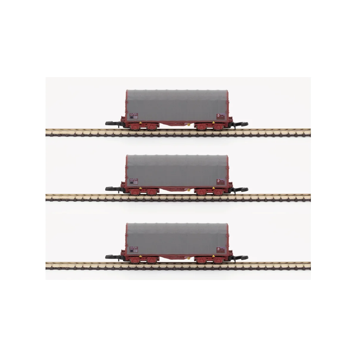 Azar W03-SL3 Set of 3 short covered wagons with SHIMMS-type bogies,... Azar W03-SL3 Set of 3 short covered wagons with SHIMMS-type bogies,...