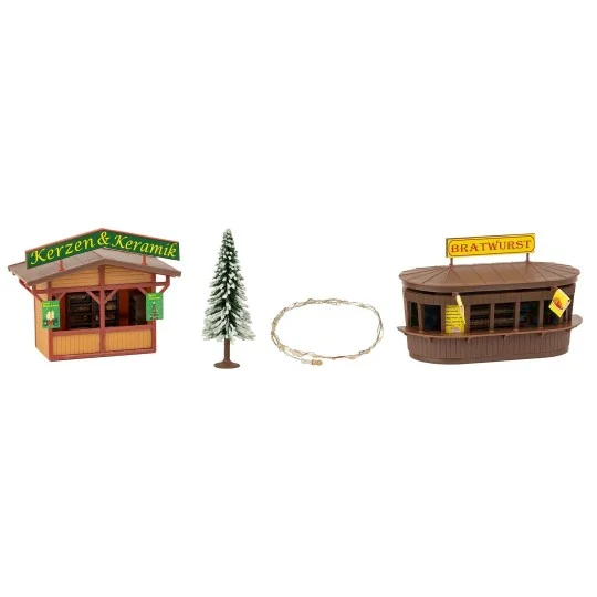 Faller_134002-Faller 134002 Model Kit, 2 Christmas Market Stalls with Illuminated Christmas Tree