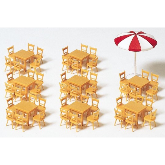 Preiser_17201-Preiser 17201 Kit of 8 tables, 48 chairs and 1 parasol Ho