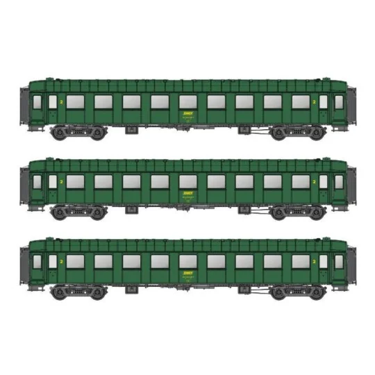 MW_40933-Models Word 40933 Set de 3 voitures OCEM R.A., B9, vert 301, châssis gris, marquage UIC, SNCF