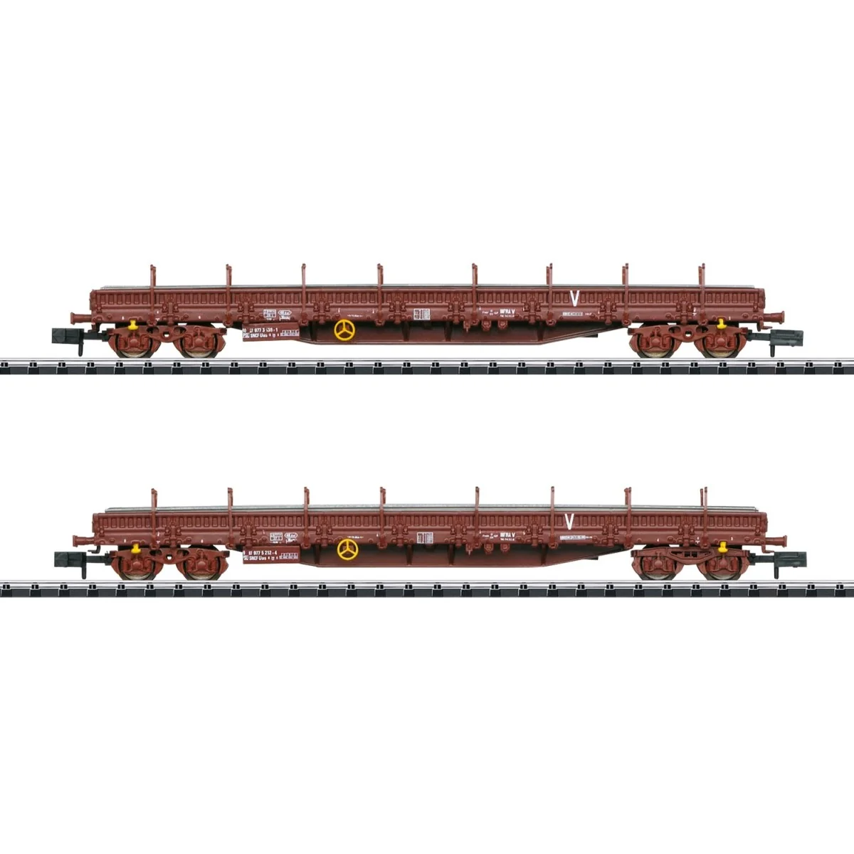 MiniTrix 18290 Set of 2 flat wagons with bogies, loaded with rail p...