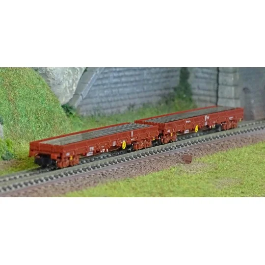 Trix_18290-MiniTrix 18290 Set of 2 flat wagons with bogies, loaded with rail profiles, SNCF, INFRA, N scale