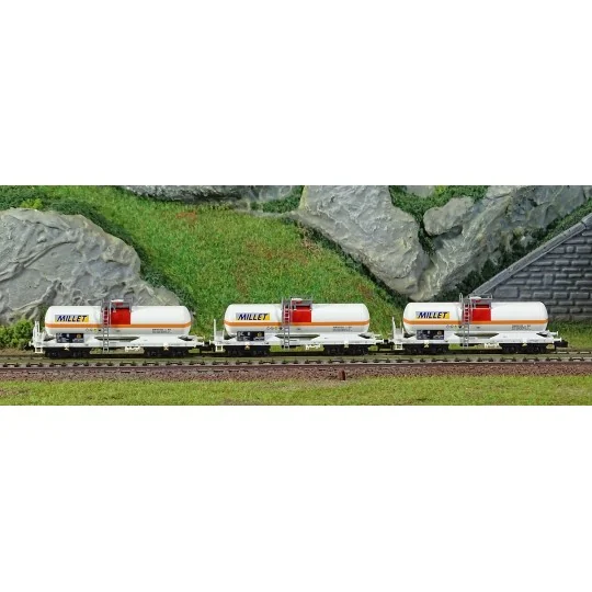 Trix_18266-MiniTrix 18266 Set de 3 wagons citernes à bogies, Millet, échelle N
