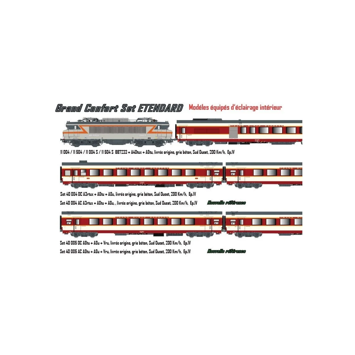 Ls Models 11004 Set Grand Confort Etendard Locomotive BB 7233 SNCF + A4Dtux + A8tu, livrée origine, sud-ouest Ls models Lsm_1100