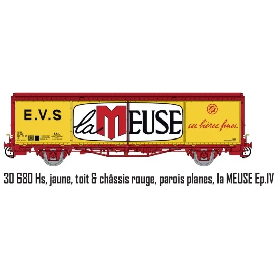 Lsm_30680-Ls Models 30680 Wagon EVS, Hs, SNCF, jaune, toit & châssis rouge, parois planes, la MEUSE