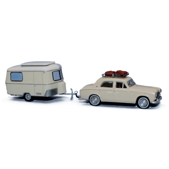Sai_1826-SAI 1826 Ivory Peugeot 403 with Eriba caravan, roof rack, 2 suitcases, driver and passenger