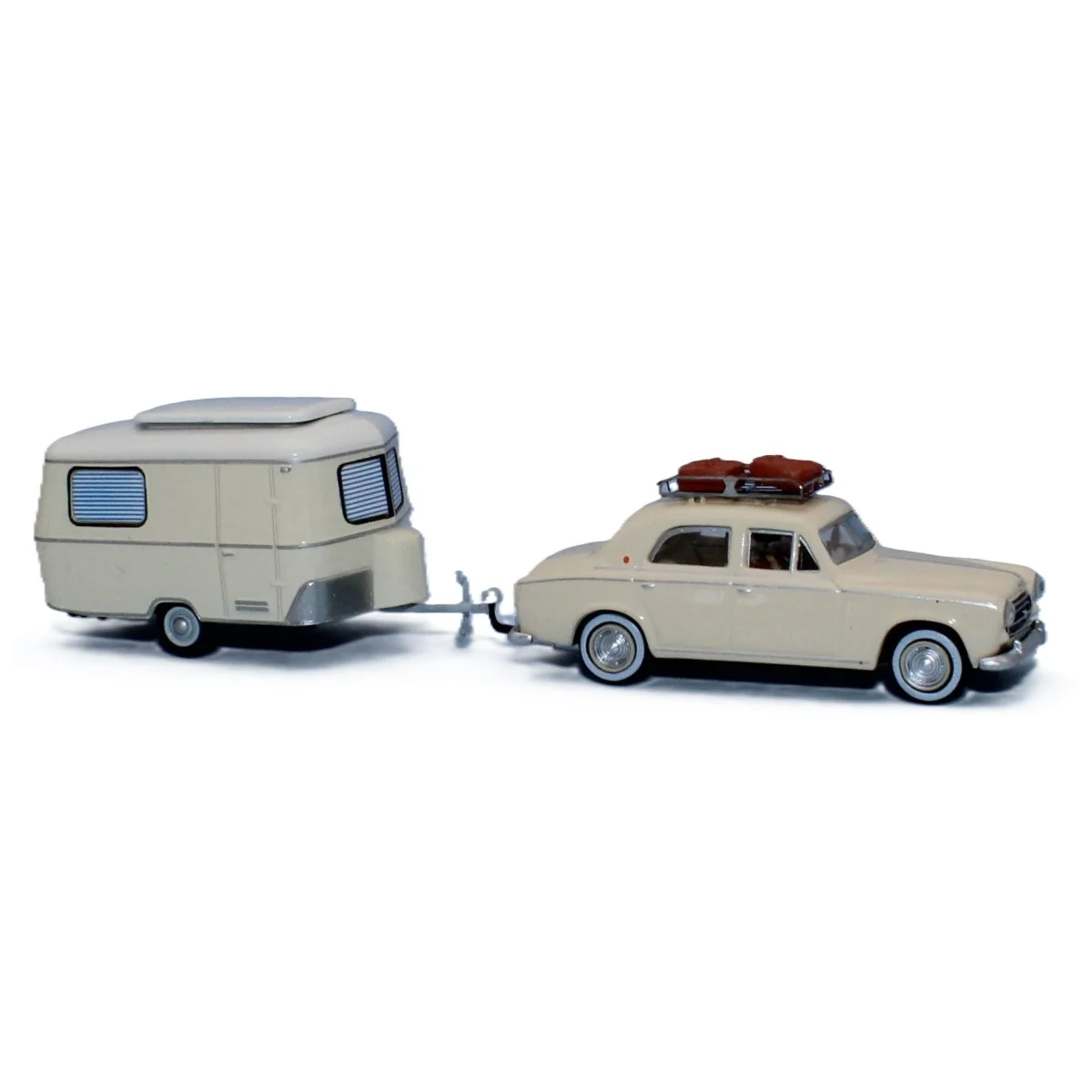 SAI 1826 Ivory Peugeot 403 with Eriba caravan, roof rack, 2 suitcas... SAI 1826 Ivory Peugeot 403 with Eriba caravan, roof rack, 2 suitcas...
