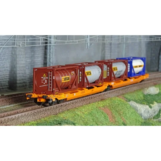 Trix_24471-Trix 24471 Wagon wagon-poche articulé Sdggmrss 738 (T3000e), Wascosa, chargé conteneurs-citernes Bertschi