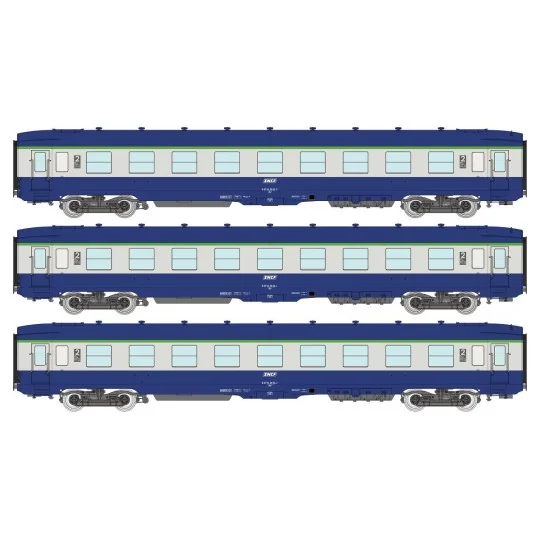 VB-402-Ree Modeles VB402 Set de 3 voitures voyageurs DEV AO Couchettes, SNCF, B9c9, Bleue/Gris, logo encadré, ep.IV-V