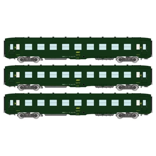 VB-405-Ree Modeles VB405 Set de 3 voitures voyageurs DEV AO Couchettes, SNCF, B9c9, Vert 301, logo encadré, ep.IV