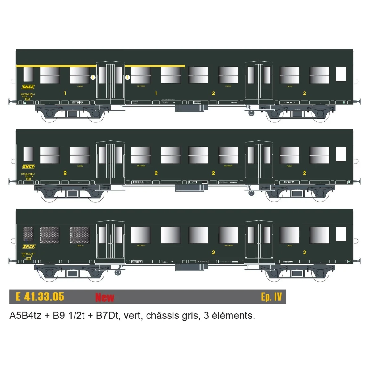 EPM 41.33.05 Set de 3 voitures Romilly, A5B4tz + B9 1/2t + B7Dt, châssis gris, logo encadré jaune, SNCF, éclairé EPM, Euro Passi
