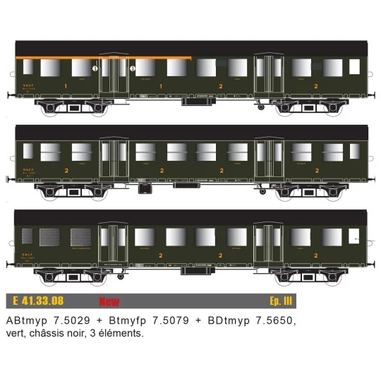 EPM_41.33.08-EPM 41.33.08 Set de 3 voitures Romilly, ABtmyp + Btmyfp + BDtmyp, châssis noir, SNCF, éclairé