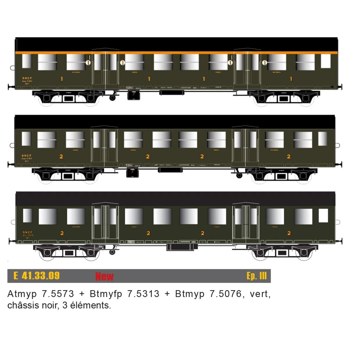 EPM 41.33.09 Set de 3 voitures Romilly, Atmyp + Btmyfp + Btmyp, châssis noir, SNCF, éclairé EPM, Euro Passion Models EPM_41.33.0
