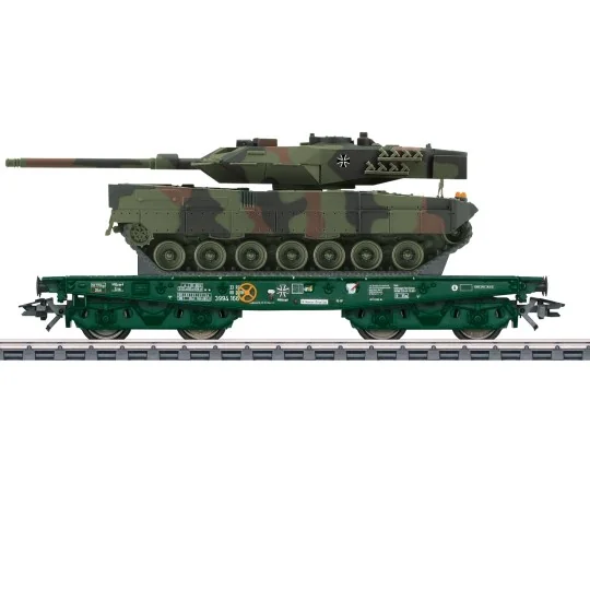 Marklin_48870-Marklin 48870 Rlmmps flat wagon for heavy load transport, DB, with Leopard 2A6 tank