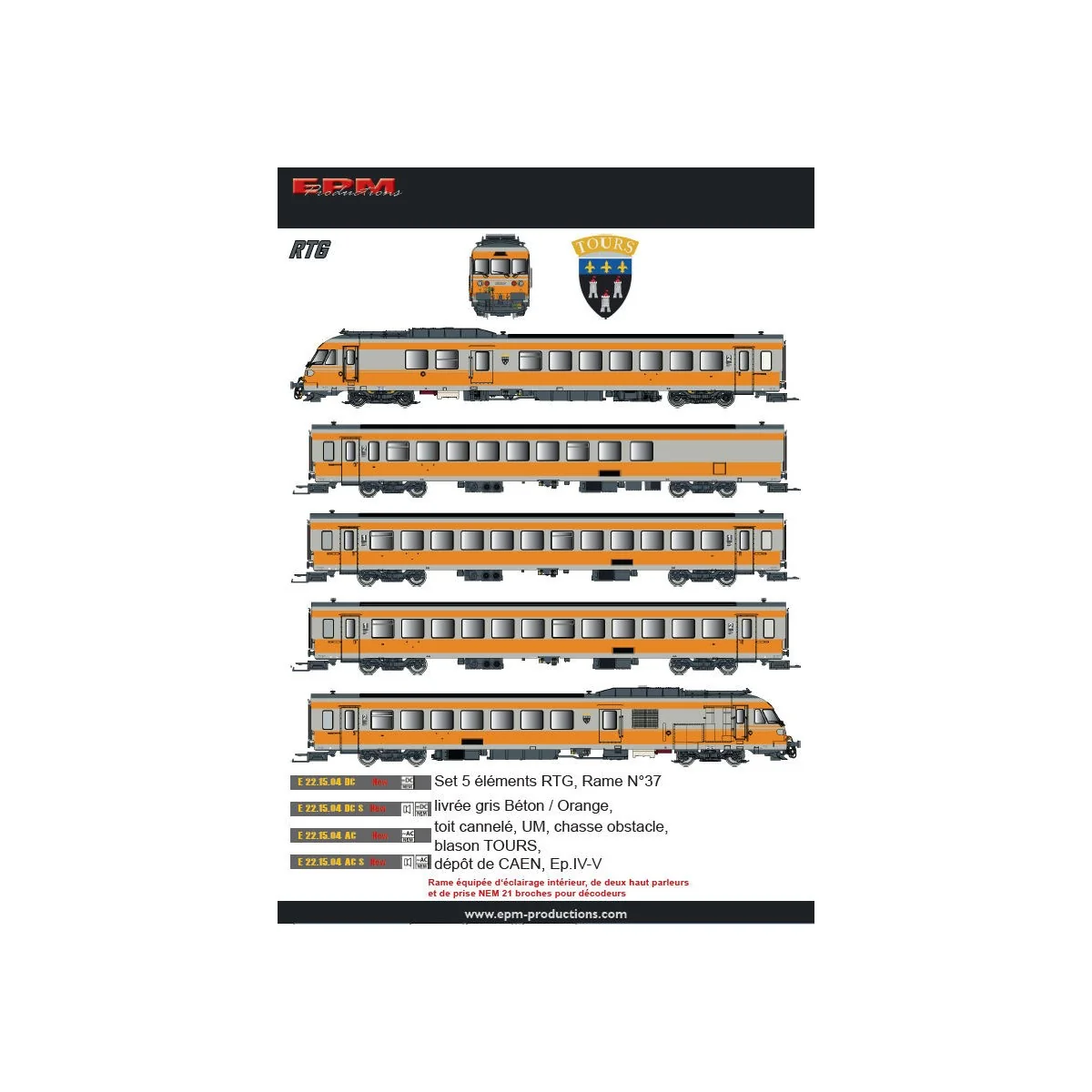 EPM E.22.15.04 Coffret rame complète RTG N°37, gris Béton 804 et Chamois 432, blason Tours, Caen EPM, Euro Passion Models EPM_E.