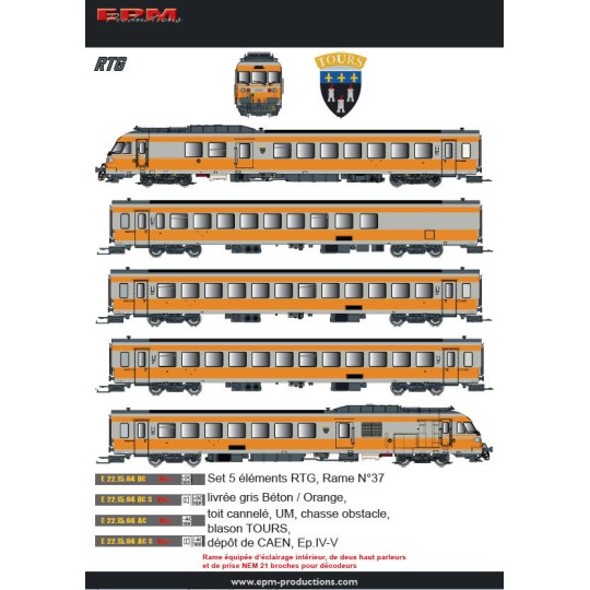 EPM_E.22.15.04S-EPM E.22.15.04S Coffret rame complète RTG N°37, gris Béton 804 et Chamois 432, blason Tours, Caen, sonore