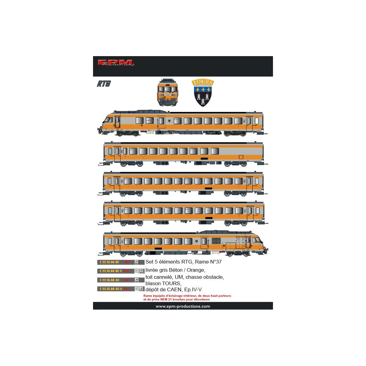 EPM E.22.15.04S Coffret rame complète RTG N°37, gris Béton 804 et Chamois 432, blason Tours, Caen, sonore EPM, Euro Passion Mode