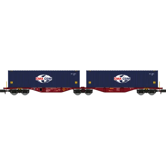 NW-288-REE Modeles NW288 Container wagon Sggmrss 80 TOUAX, SNCF, 2 containers CGA-CGM logo World, N - 1/160
