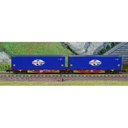 NW-288-REE Modeles NW288 Wagon porte conteneurs Sggmrss 80 TOUAX, SNCF, 2 conteneurs CGA-CGM logo Monde, N - 1/160