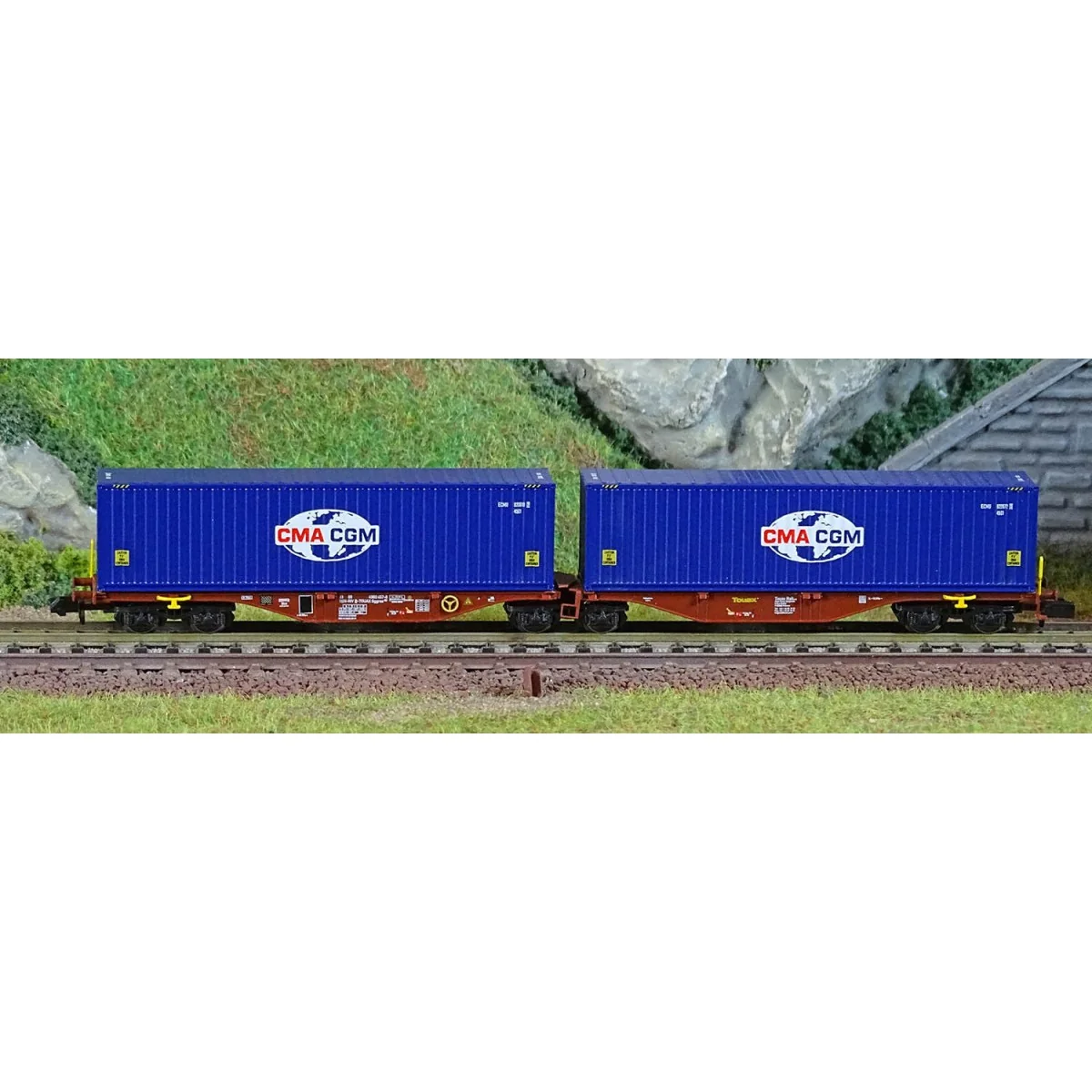 REE Modeles NW288 Wagon porte conteneurs Sggmrss 80 TOUAX, SNCF, 2 conteneurs CGA-CGM logo Monde, N - 1/160 Ree Modeles NW-288 -