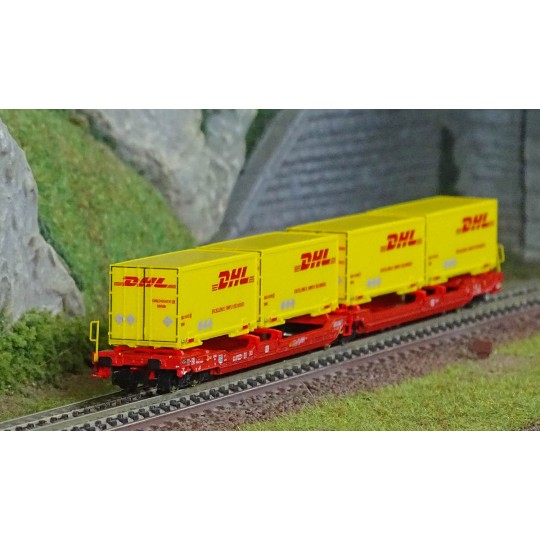 Fle_6660051-Fleischmann 6660051 Double pocket articulated wagon T3000e, DB AG, loaded with 4 DHL swap bodies, N scale