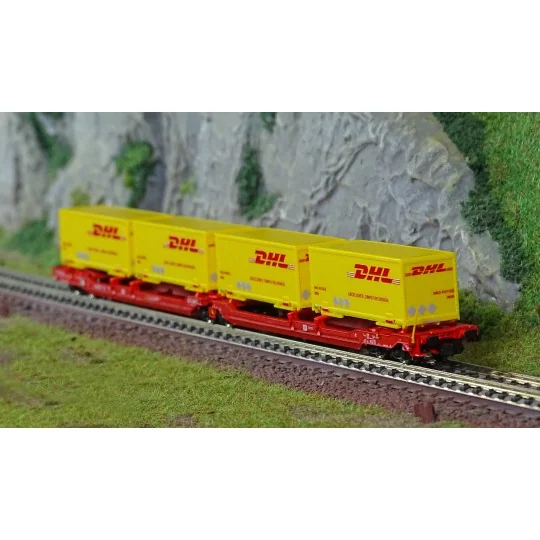 Fleischmann 6660051 Double pocket articulated wagon T3000e, DB AG, ... Fle_6660051-Fleischmann 6660051 Double pocket articulated wagon T3000e, DB AG, loaded with 4 DHL swap bodies, N scale
