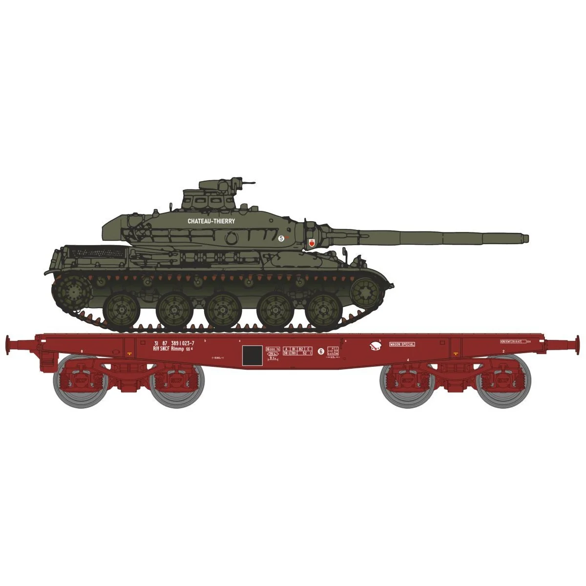 Ree models WBA030 Rlmmp tank transporter wagon, SNCF + AMX 30B tank...