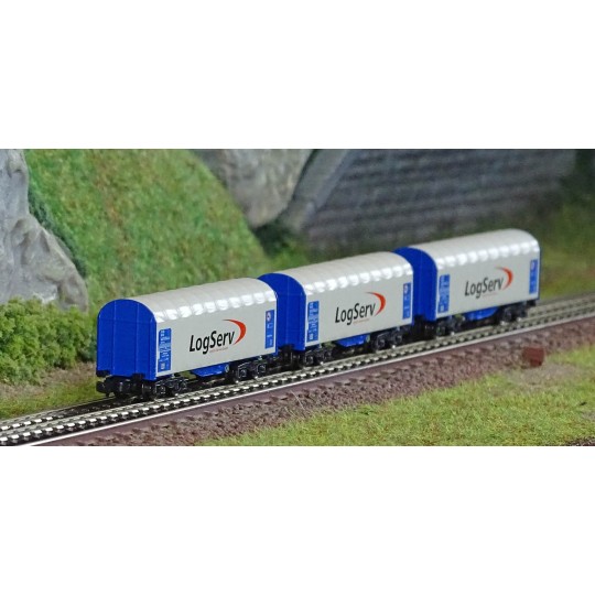 AZAR_W03-LSP-Azar W03-LSP Set de 3 wagons courts bâchés à bogies, LOGSERV, échelle Z