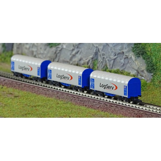 AZAR_W03-LSP-Azar W03-LSP Set de 3 wagons courts bâchés à bogies, LOGSERV, échelle Z