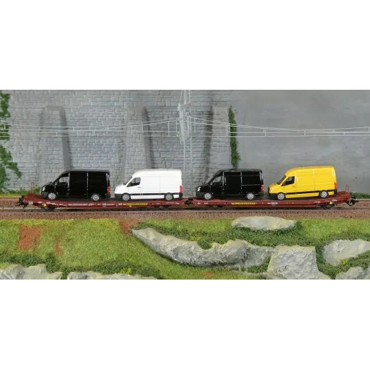 Trix 24428 Laads 800B Articulated Flat Wagons, Transwaggon, loaded ... Trix_24428-Trix 24428 Laads 800B Articulated Flat Wagons, Transwaggon, loaded with 4 VW Crafter vans