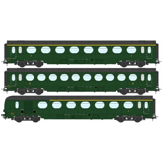 VB-494-Ree Modeles VB494 Set de 3 voitures allégées "Saucisson", ETAT, A8/B10/A6d, vert 306, ep. III, éclairé, éclairé