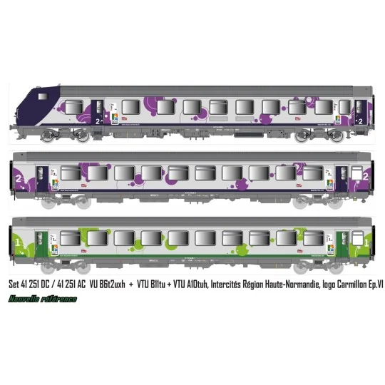 LSM_41251DC-LS Models 41251DC Set de 3 voitures VU + VTU, voiture pilote, SNCF, Intercités Haute-Normandie, logo Carmillon, éclairage