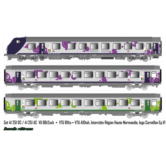 LSM_41251DC-LS Models 41251DC Set of 3 passenger cars (VU + VTU), driving trailer, SNCF, Intercités Haute-Normandie, Carmillon logo, lightin