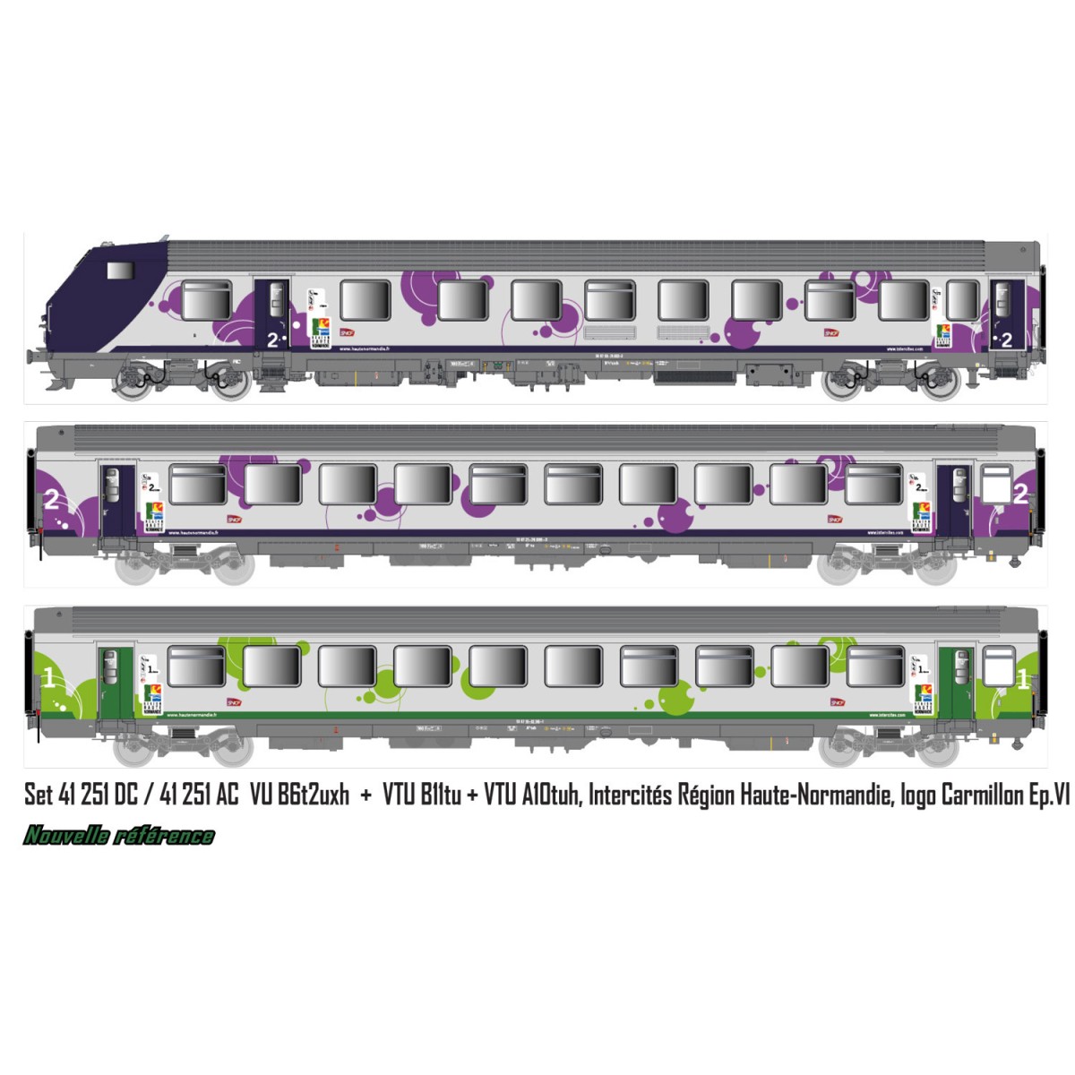 LS Models 41251DC Set de 3 voitures VU + VTU, voiture pilote, SNCF, Intercités Haute-Normandie, logo Carmillon, éclairage Ls mod
