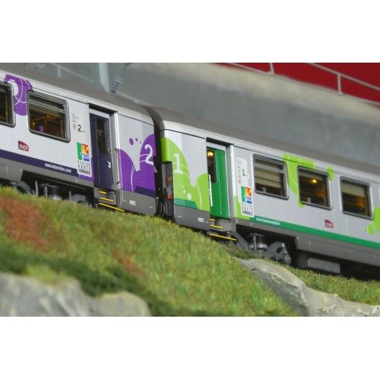 LSM_41251DC-LS Models 41251DC Set de 3 voitures VU + VTU, voiture pilote, SNCF, Intercités Haute-Normandie, logo Carmillon, éclairage