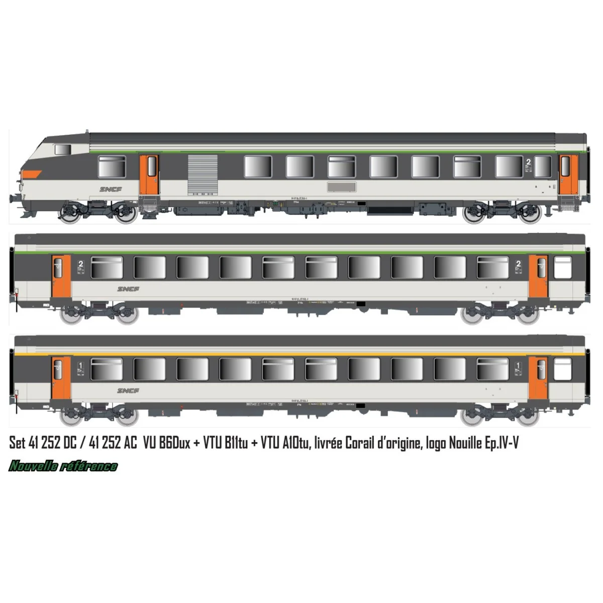 LS Models 41252DC Set de 3 voitures Corail d’origine VU + VTU, voiture pilote, SNCF, logo Nouille, éclairage Ls models LSM_41252 LS Models 41252DC Set de 3 voitures Corail d’origine VU + VTU, voiture pilote, SNCF, logo Nouille, éclairage Ls models LSM_41252