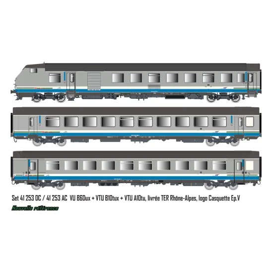 LSM_41253DC-Set de 3 voitures VU + VTU LS Models, 41253DC, voiture pilote B6, SNCF, TER Rhône-Alpes, logo Casquette, éclairage