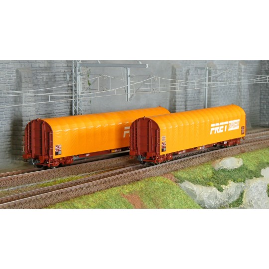 Roco_6600161-Roco 6600161 Set of 2 sliding tarpaulin bogie wagons, Rilns type, SNCF, orange freight
