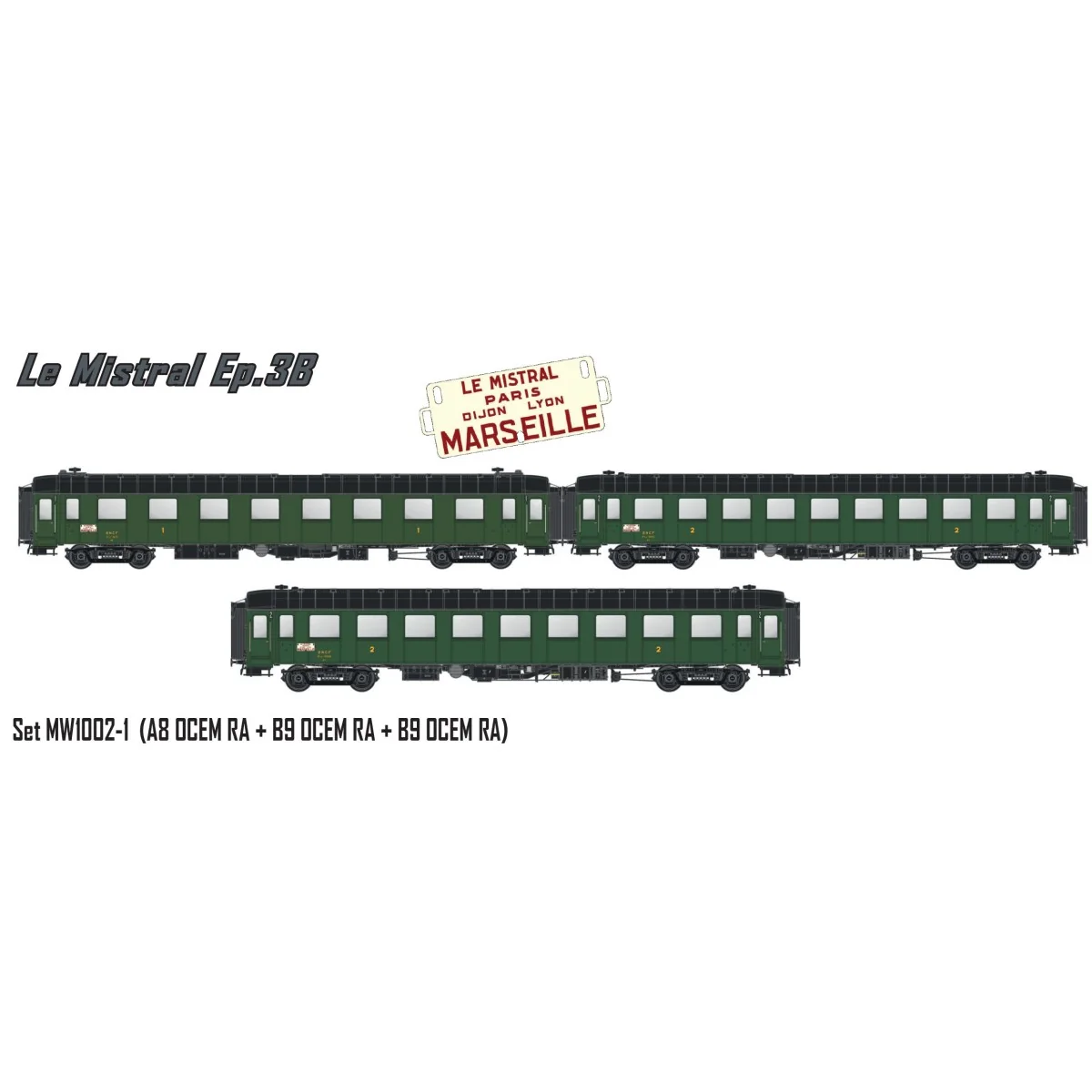 Models Word 1002-2 Set of 3 OCEM RA coaches, A8 + 2x B9, LE MISTRAL...