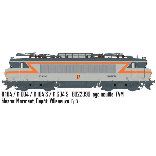 Lsm_11104-Ls Models 11104 Locomotive électrique BB 22399 SNCF, gris béton/orange, logo Nouille, blason Mormant, Villeneuve