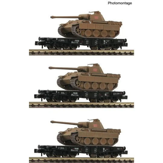 Fle_845606-Fleischmann 845606 Set of 3 flat wagons for transporting heavy loads, DRB, loaded with Panther tanks, N scale