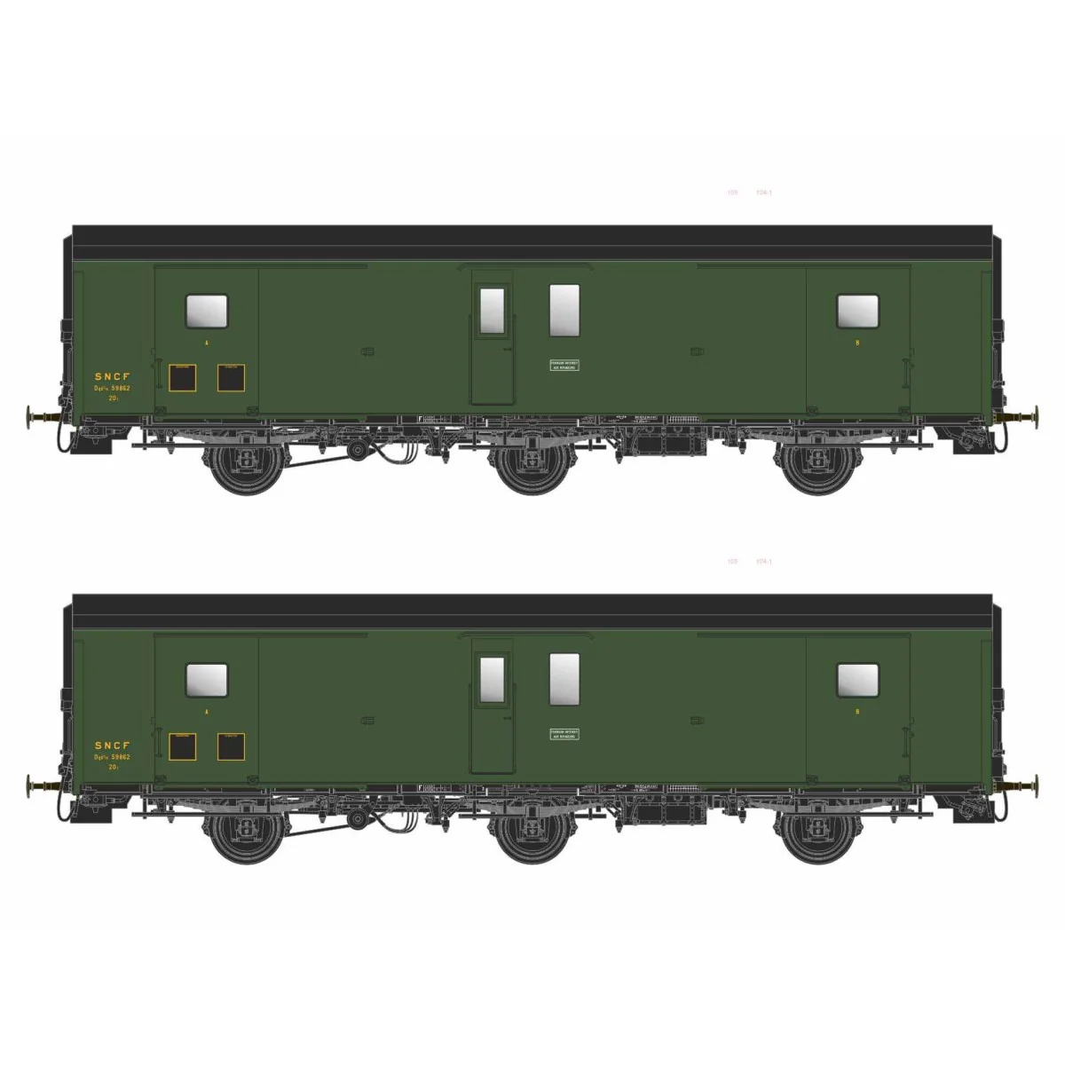 Models World 102 Set of 2 three-axle baggage cars, PLM, Dqd2m, Gree...