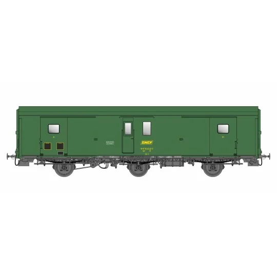MW_107-Models World 107 Three-axle baggage car, PLM, Dd2, Green 301, yellow SNCF logo, ep.IVa, end-of-train lights